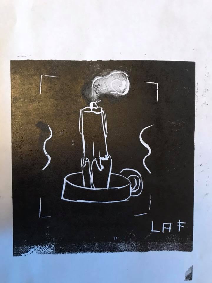 linocut of a candle