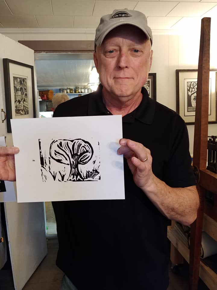 chuck keller with tree linocut