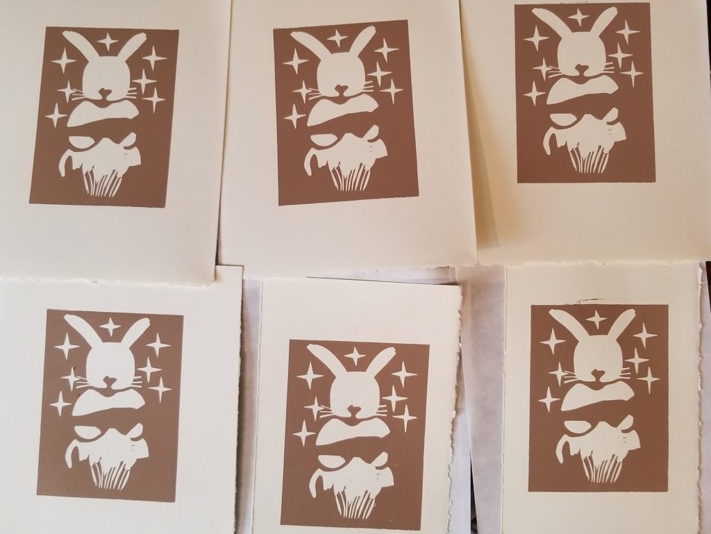 first of two colors for a bunny rabbit linocut print