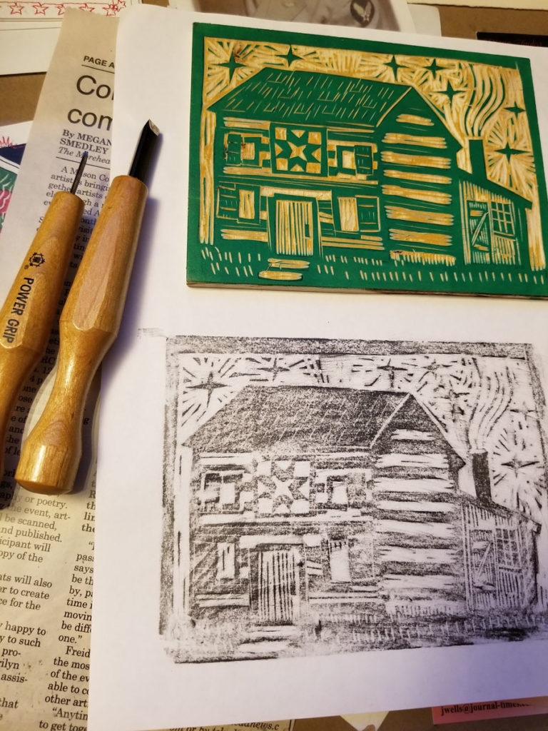 graphite test of log cabin printmaking woodcut traditional technique