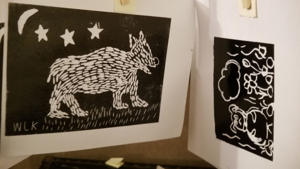 bear and dog linocut