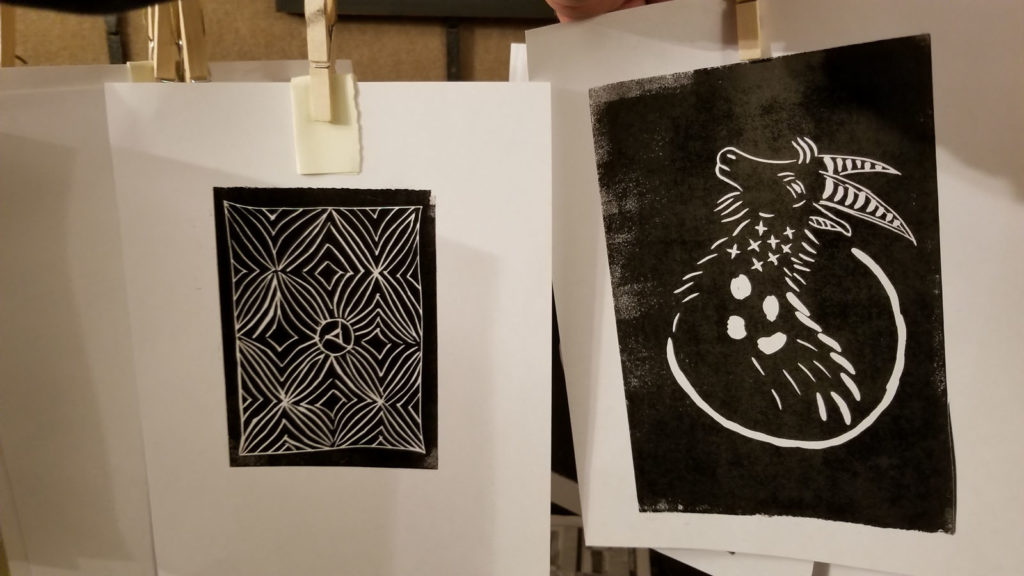 goat and pattern linocuts