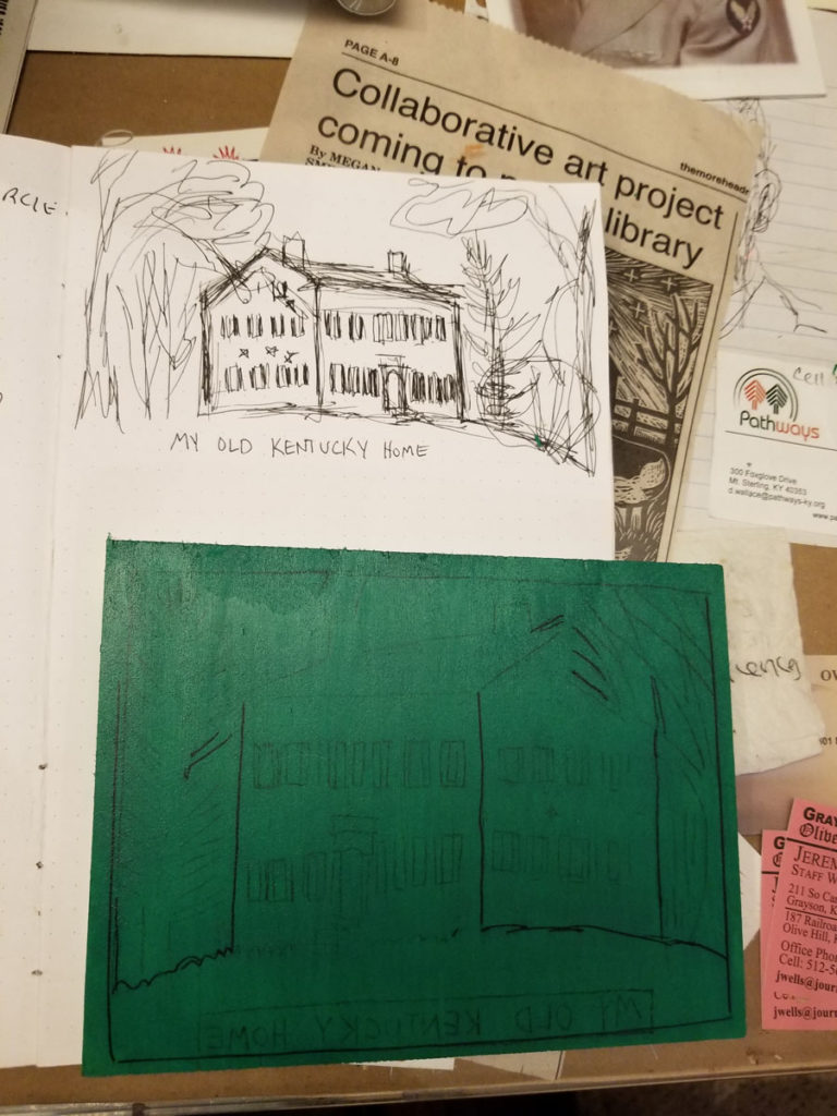 sketch and first step for a my old kentucky home woodcut print