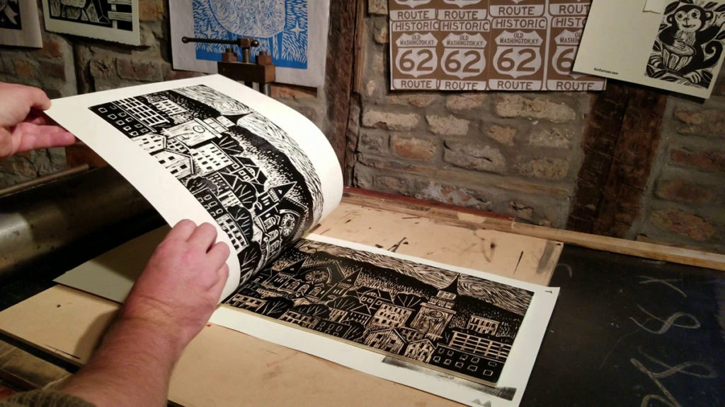 revealing woodcut print of over the rhine traditionally printed by artist ken swinson