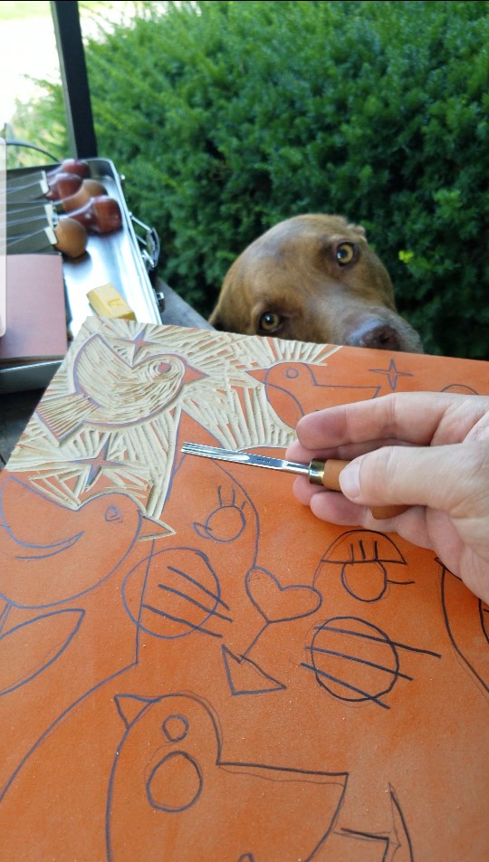 carving a woodcut for printmaking. a brown dog looking over the corner