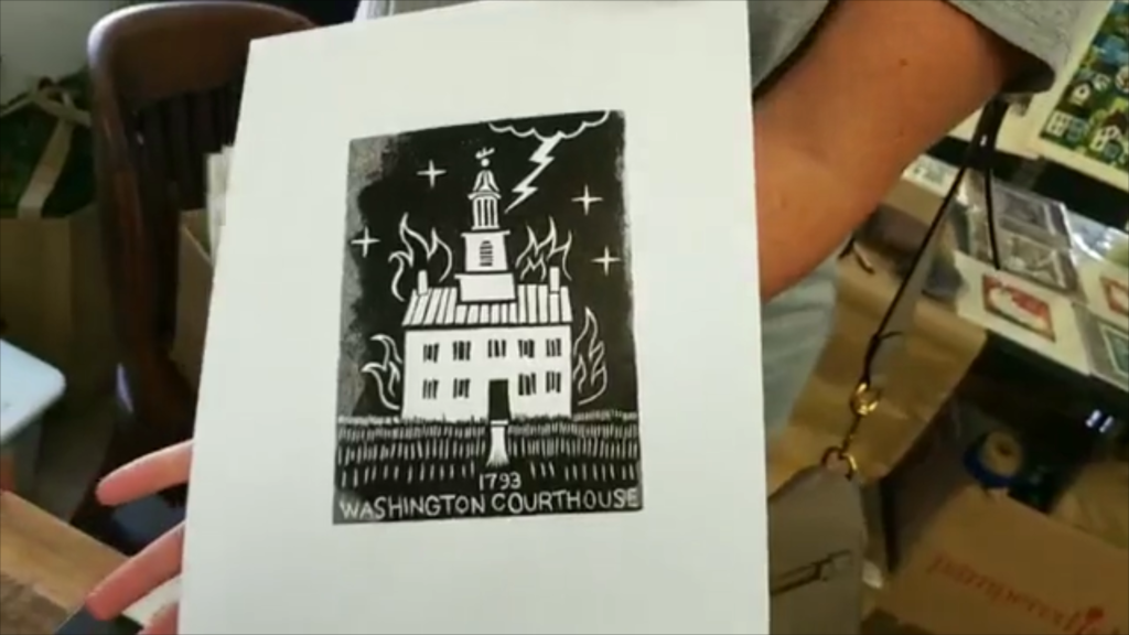 linocut of the old washington courthouse being struck by lightning in old washington kentucky