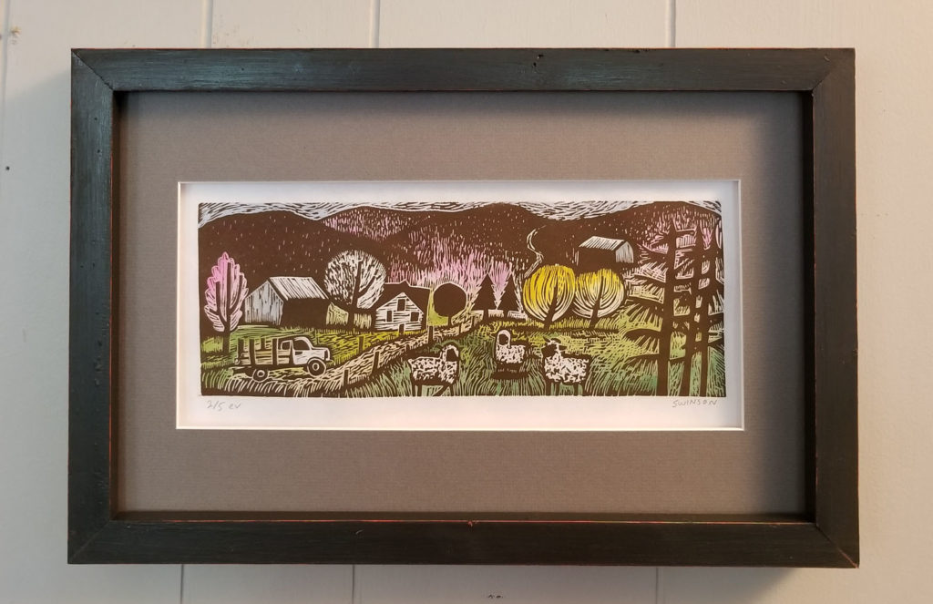 framed watecolor linocut of truck driving through country scene with sheep in kentucky