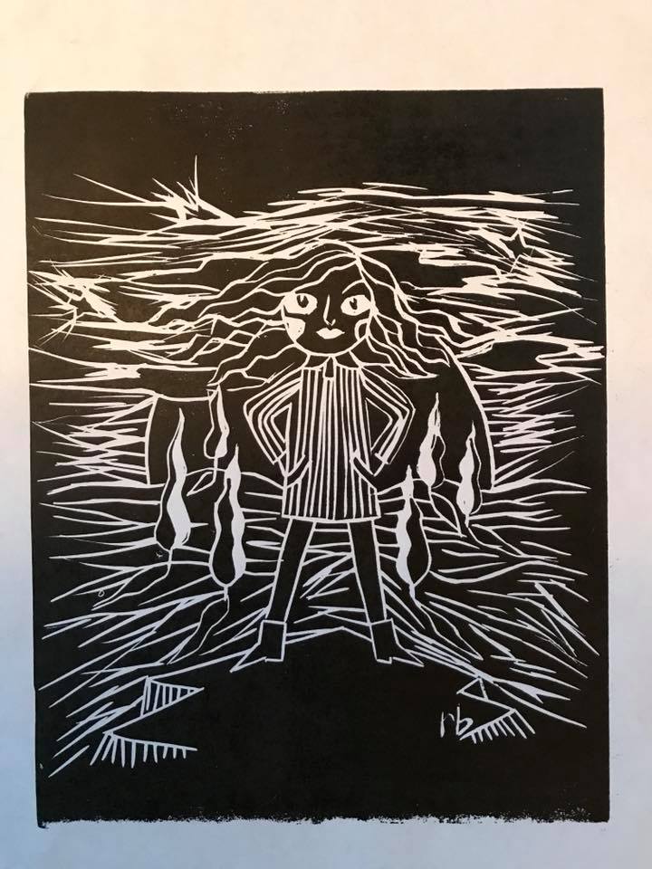 linocut of a brave girl in a storm