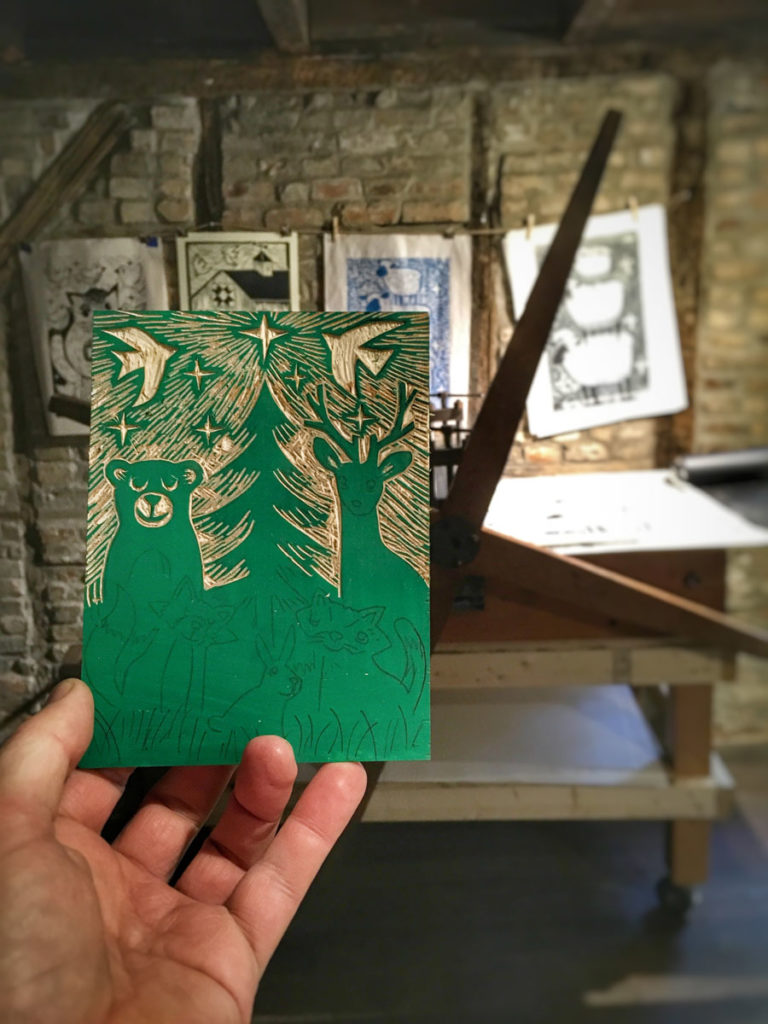 work in progress woodcut christmas card