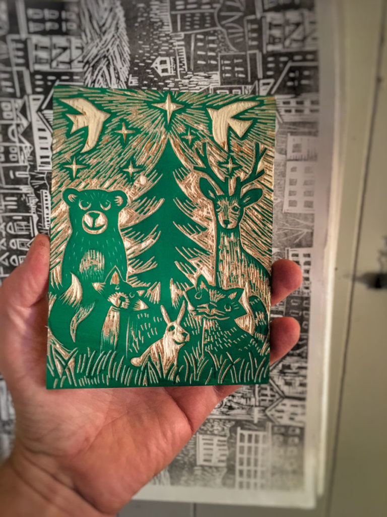 carved woodcut for christmas card printmaking