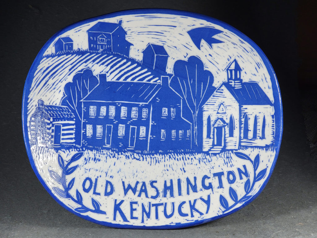 blue porcelain plate with design of old washington kentucky