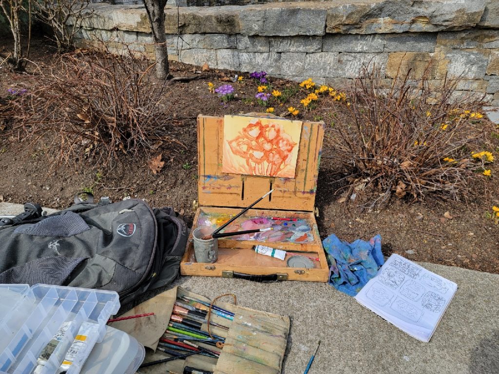 plein air underpainting of spring crocus flowers