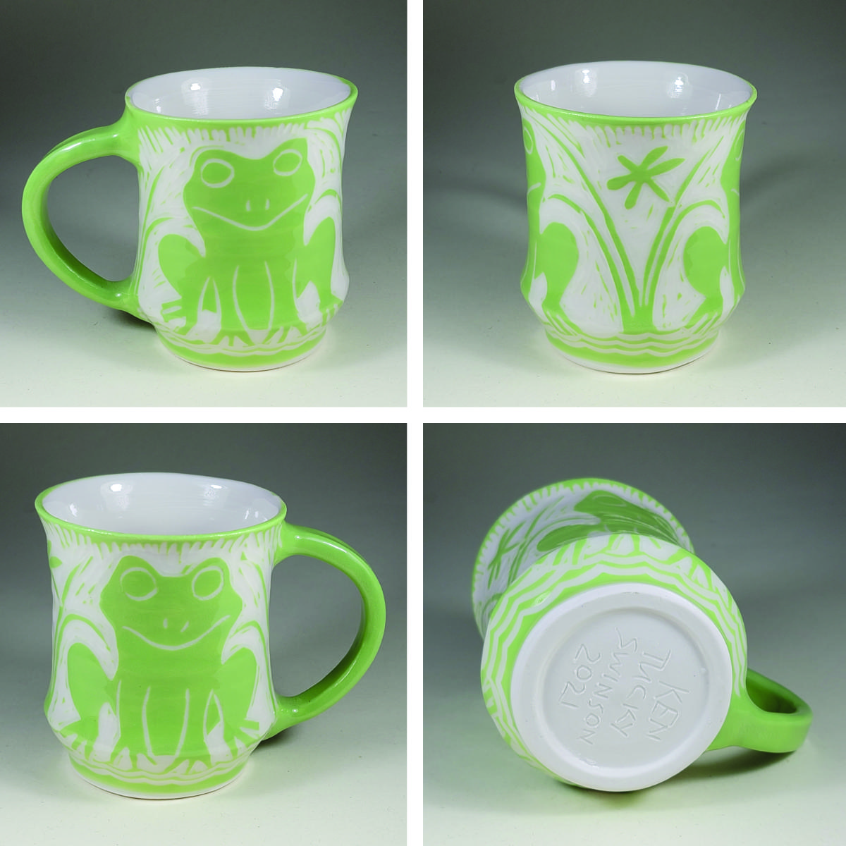 porcelain cup with green sgraffito frog design