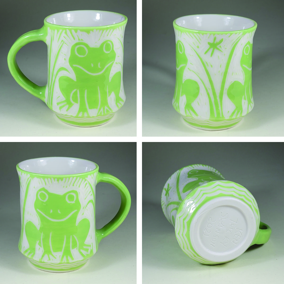 porcelain cup with green sgraffito frog decoration