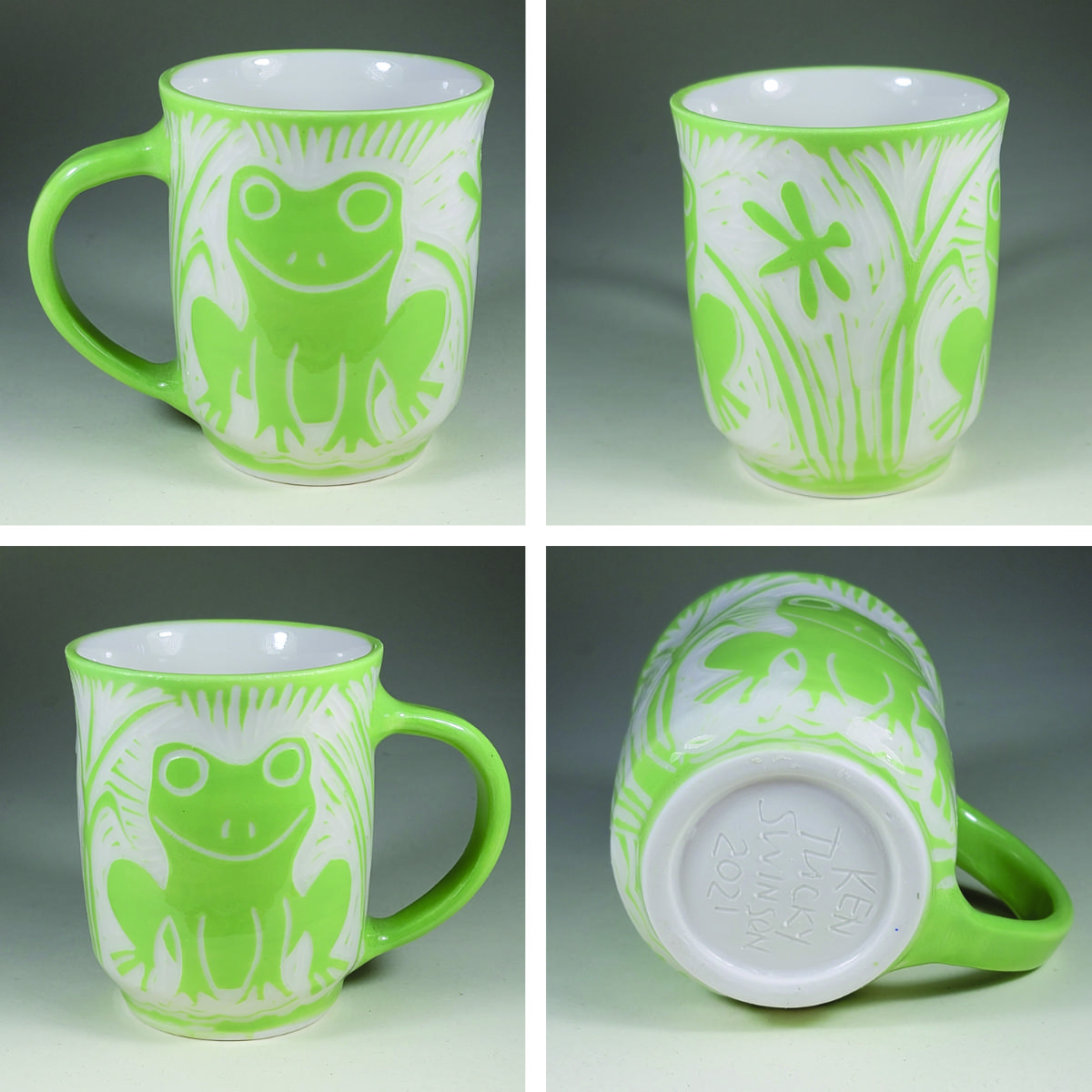 porcelain cup with green sgraffito frog design