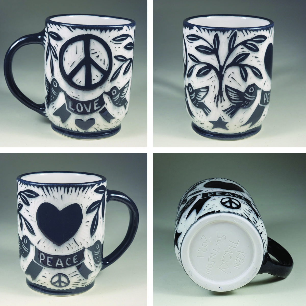 porcelain cup with peace and love sgraffito design