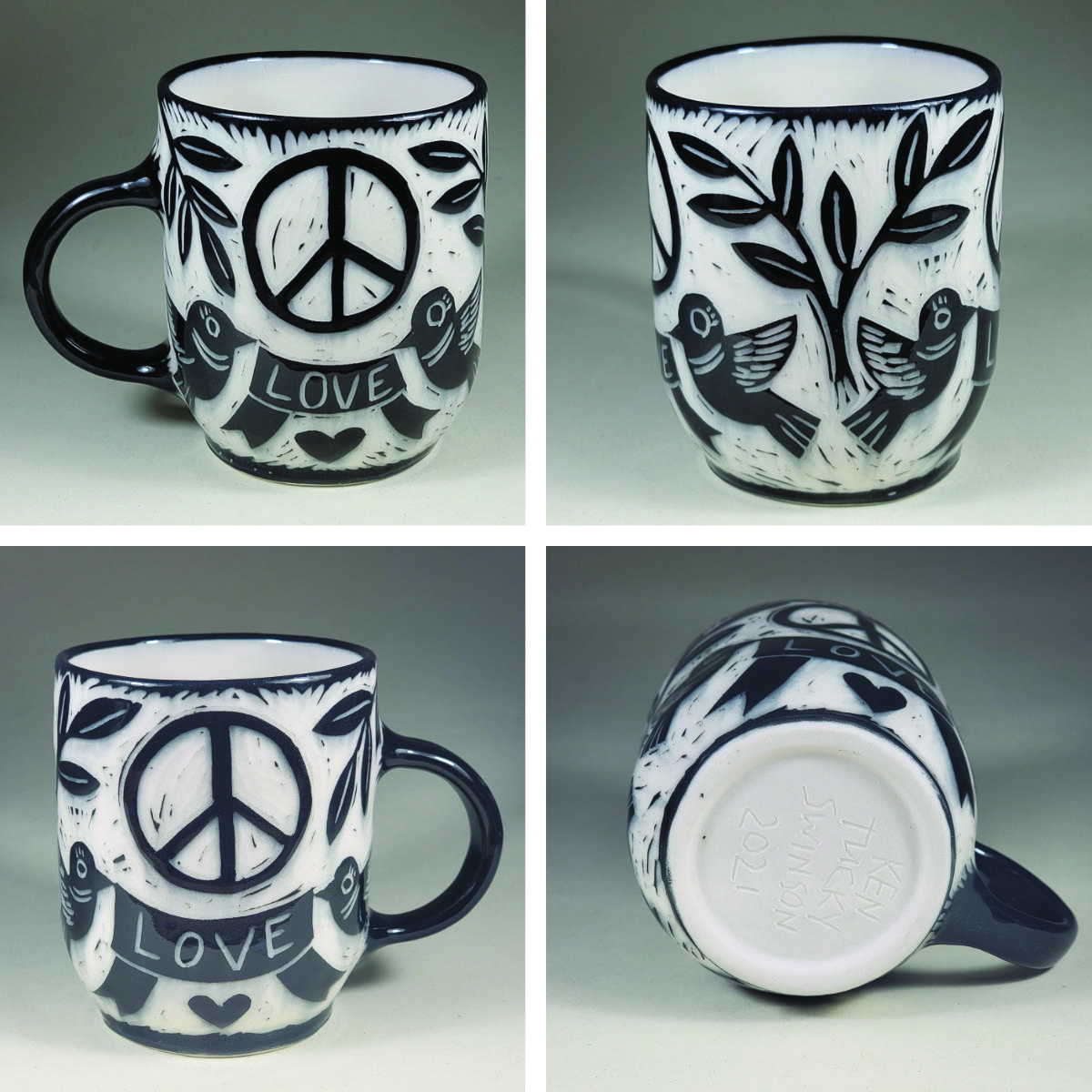 porcelain cup with peace love sgraffito design peace symbol