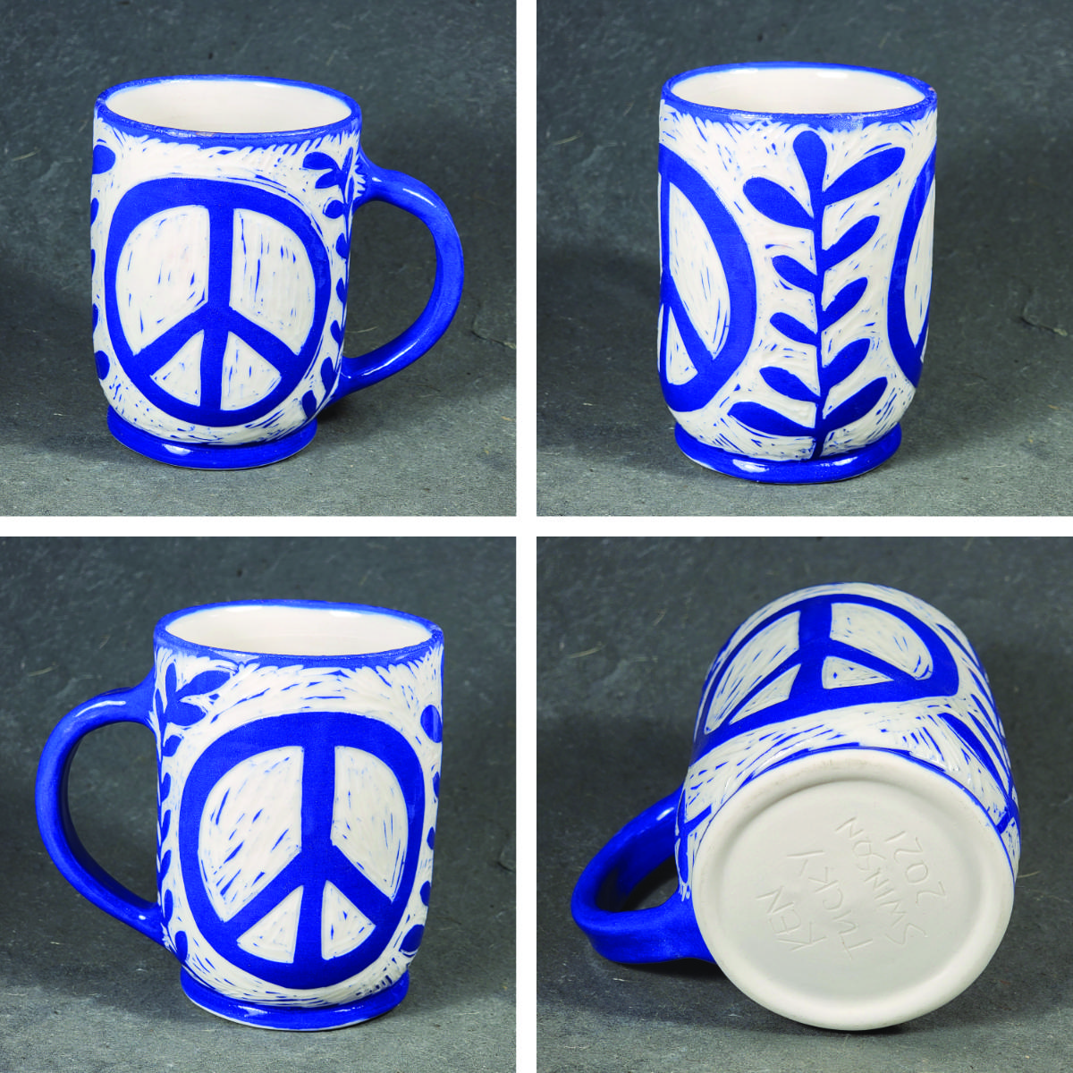 folk art style porcelain mug with peace symbol