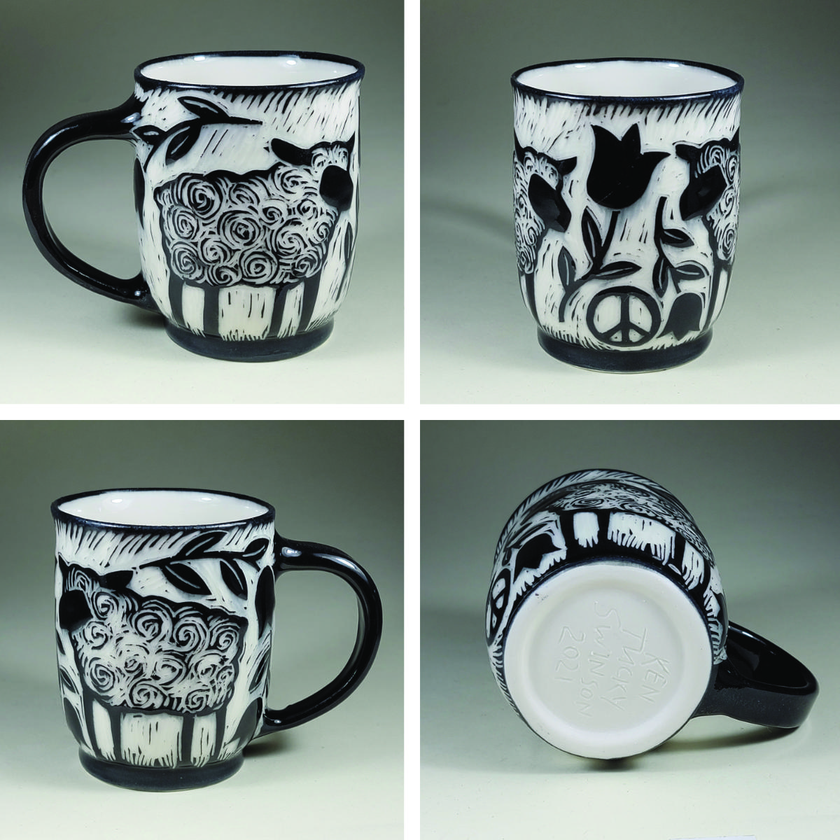 porcelain cup with sheeep sgraffito black design