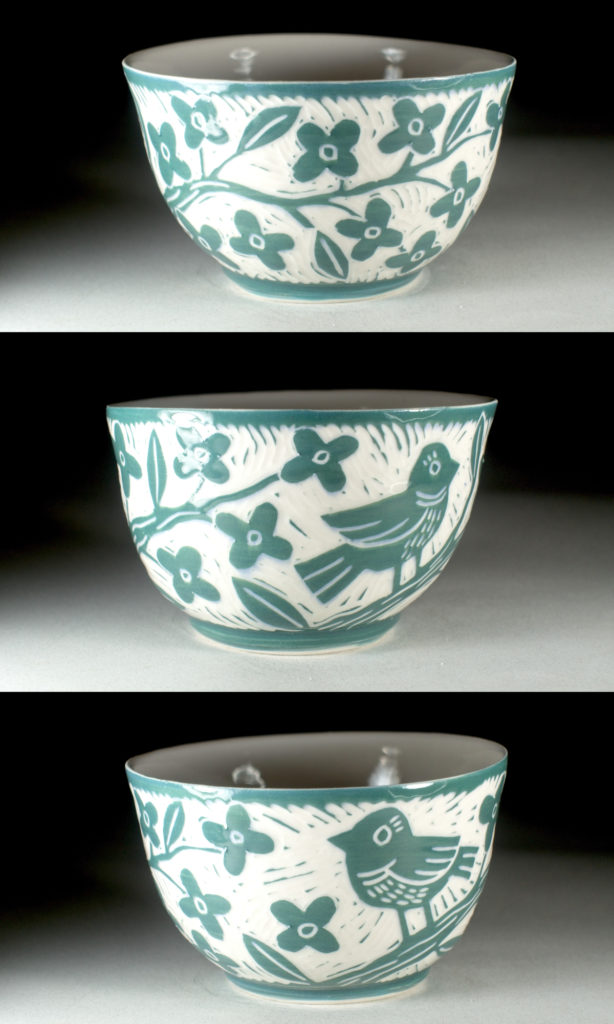 green porcelain bowl with bird and flowering tree by kentucky artist ken swinson