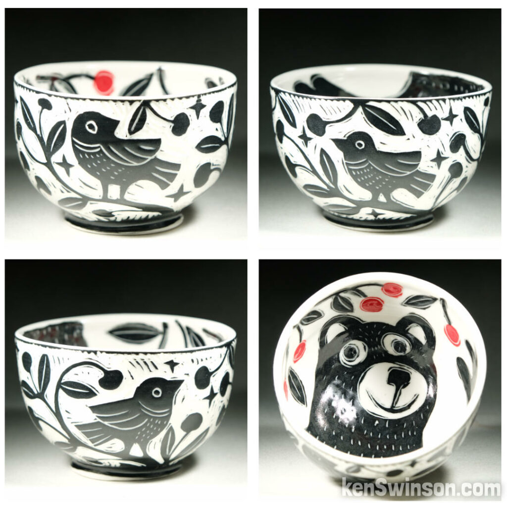 Porcelain bowl with bear bird and cherry sgraffito surface design