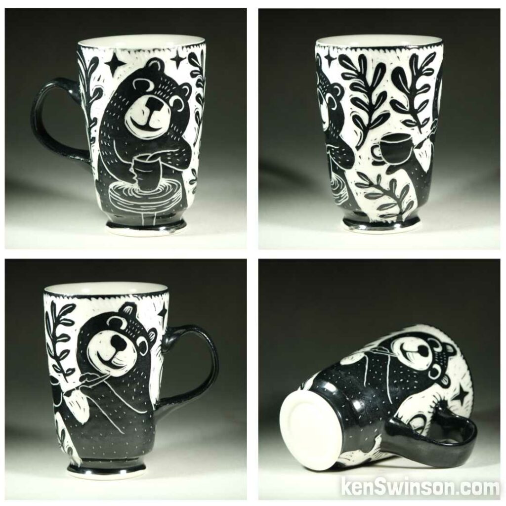 Handmade, wheel thrown porcelain cup by Kentucky artist, Ken Swinson with a bear making pottery and painting a cup