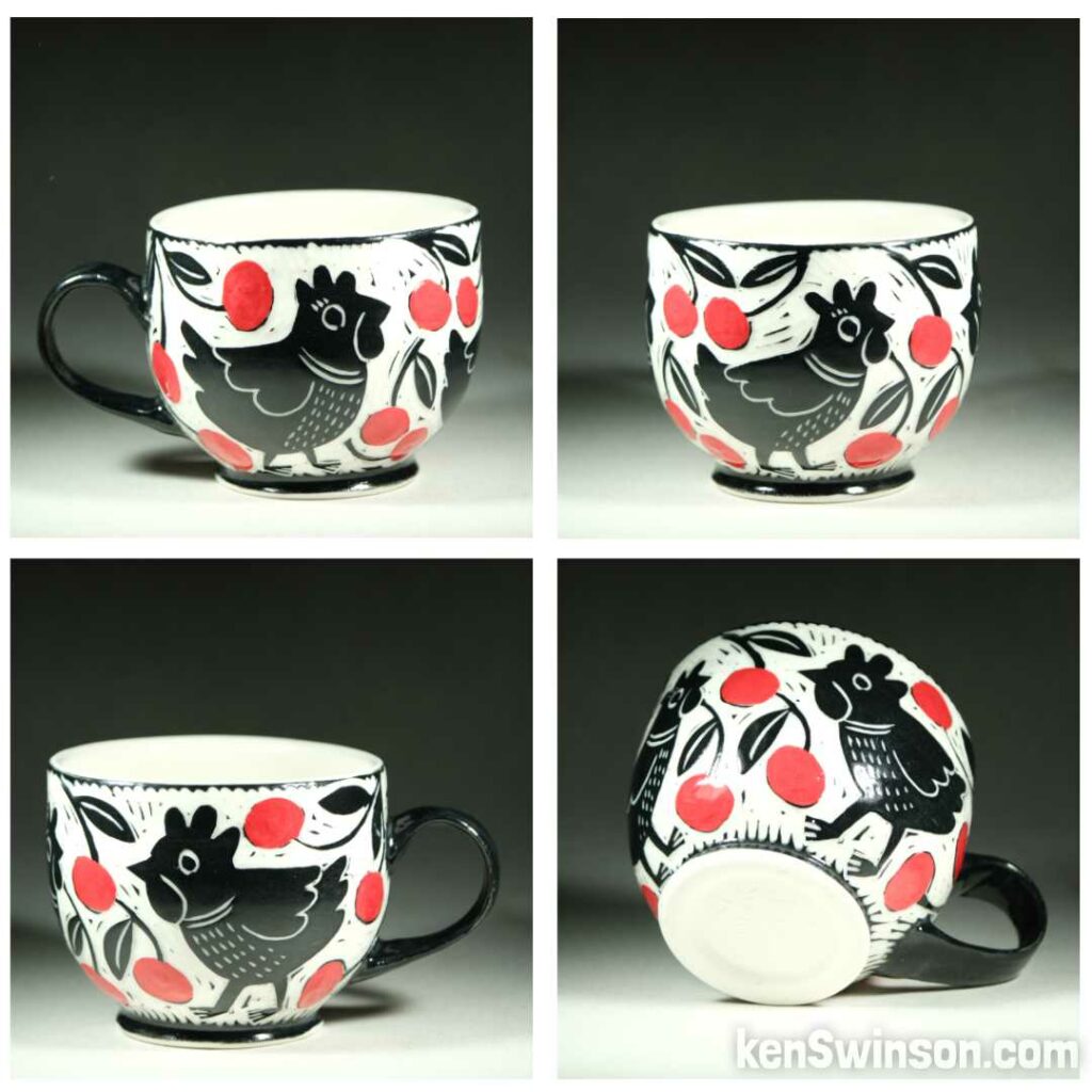 Handmade, wheel thrown porcelain cup by Kentucky artist, Ken Swinson with 3 chickens eating cherries around the exterior of the cup