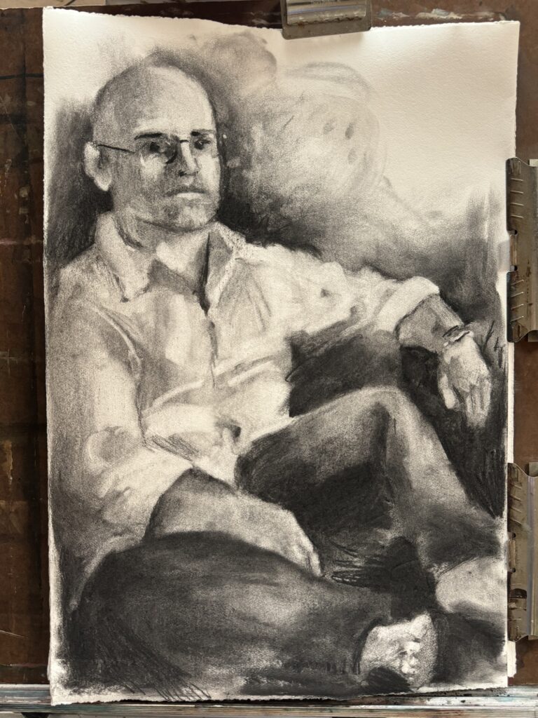 work in progress drawing of a barefoot man sitting