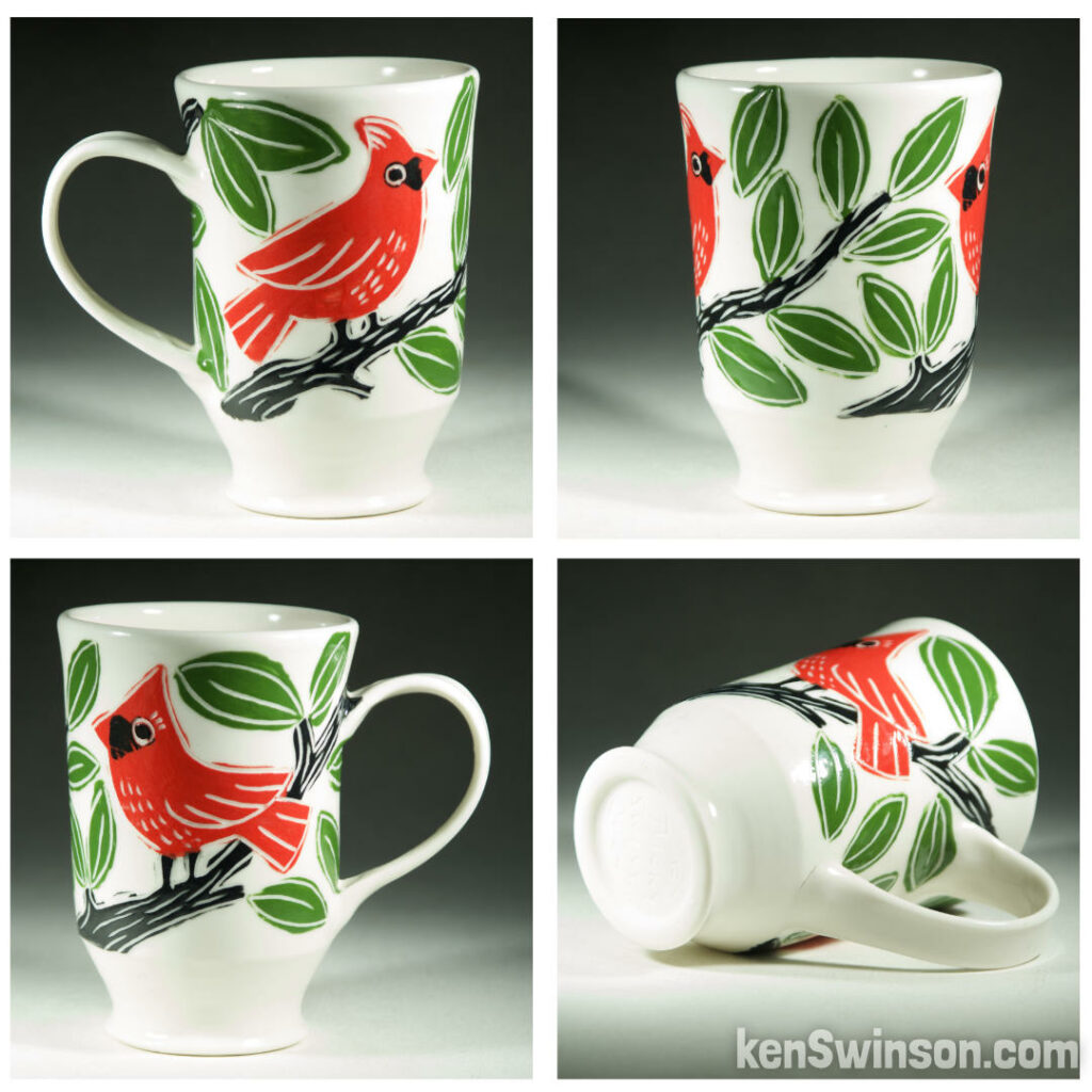 handmade wheel thrown porcelain cup with multi-colored cardinal sgraffito pattern made in kentucky by Ken Swinson