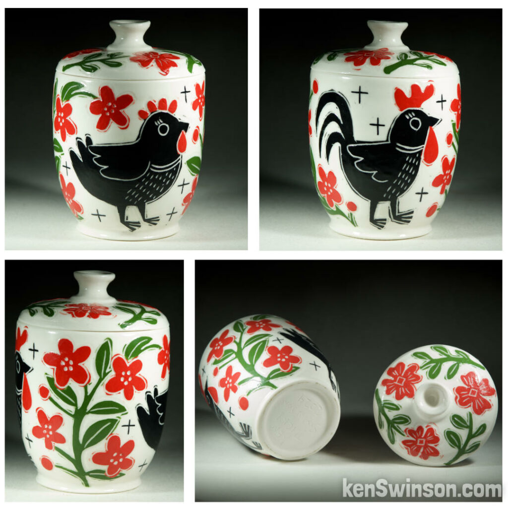 handmade wheel thrown porcelain jar and lid with multi-colored chicken and rooster sgraffito pattern made in kentucky by Ken Swinson