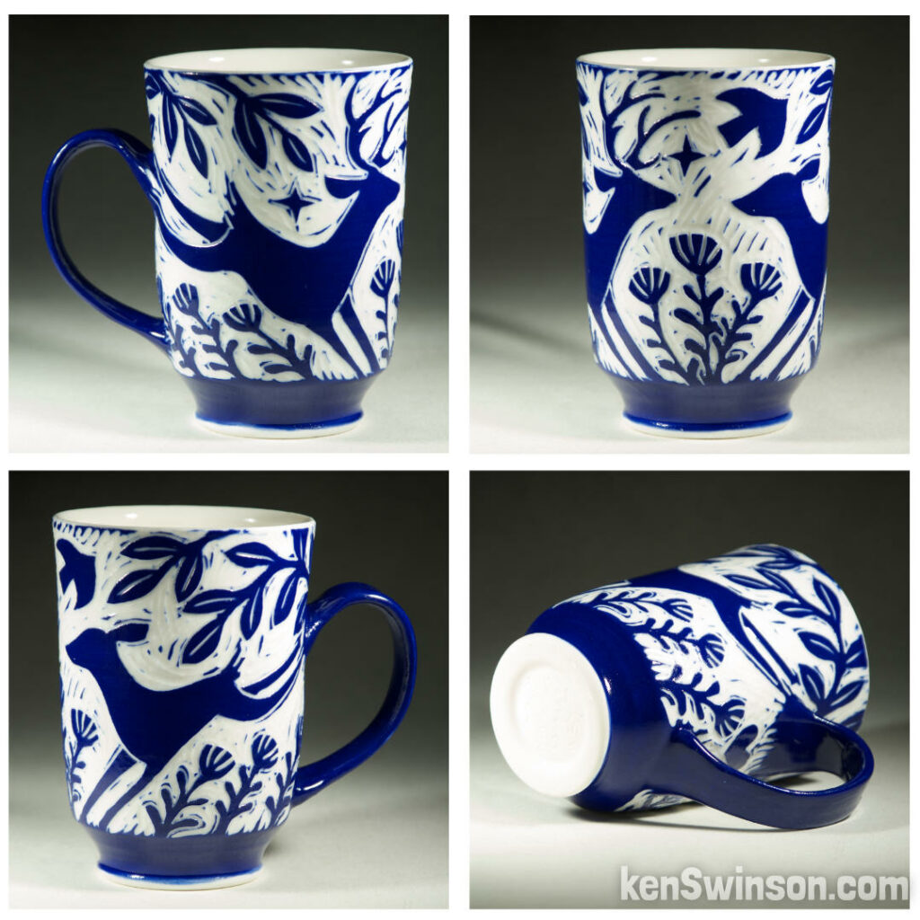 handmade wheel thrown porcelain cup with deer sgraffito pattern made in kentucky by Ken Swinson