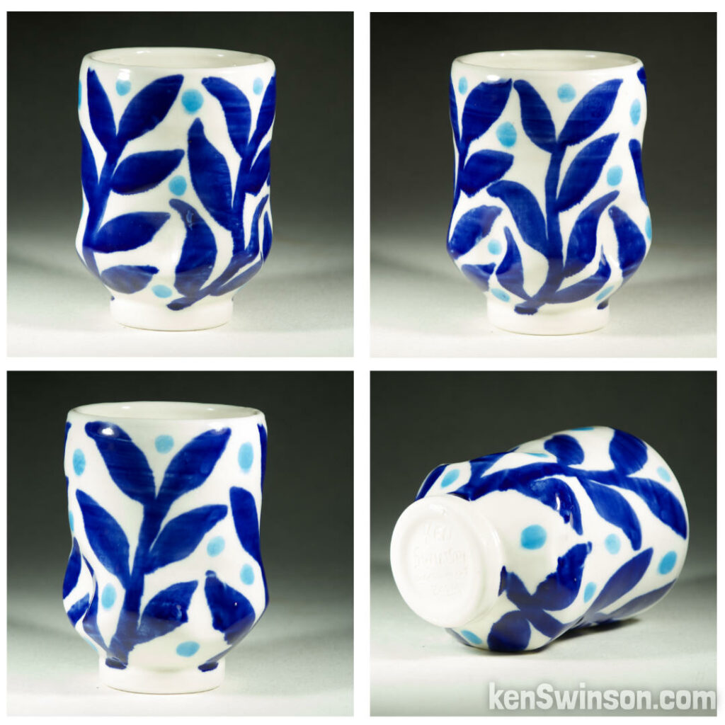 handmade wheel thrown porcelain cup with cobalt blue leaf pattern made in kentucky by Ken Swinson