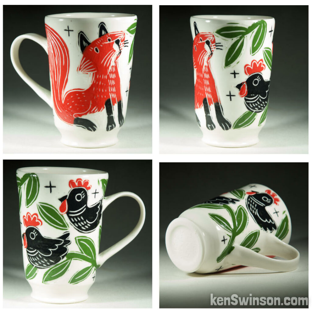 handmade wheel thrown porcelain cup with multi-colored fox and chicken sgraffito pattern made in kentucky by Ken Swinson