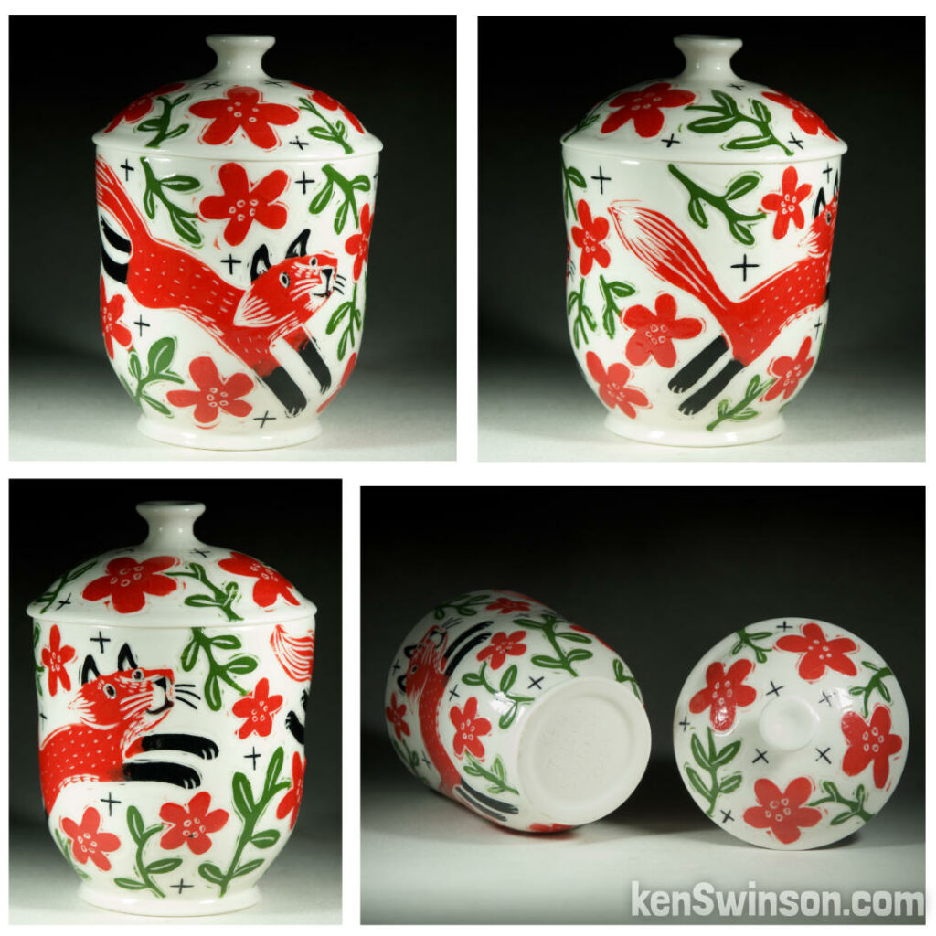 handmade wheel thrown porcelain jar and lid with fox and flowers sgraffito pattern made in kentucky by Ken Swinson