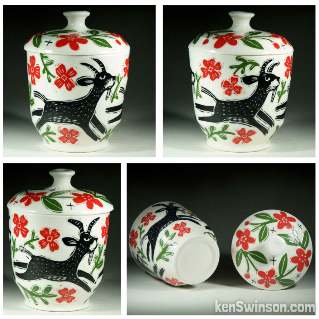 handmade wheel thrown porcelain jar and lid with multi-colored goat and flower sgraffito pattern made in kentucky by Ken Swinson