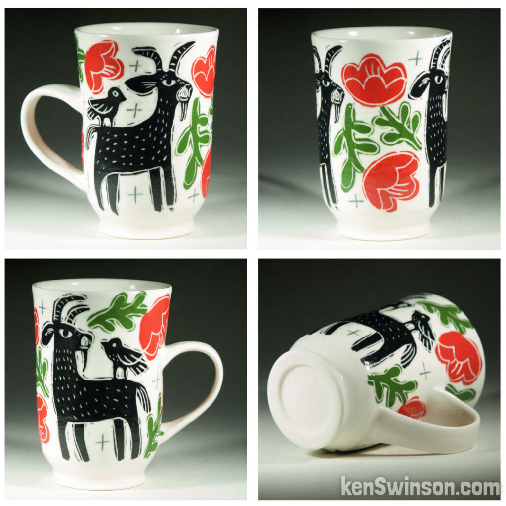 handmade wheel thrown porcelain cup with multi-colored goat and flower sgraffito pattern made in kentucky by Ken Swinson