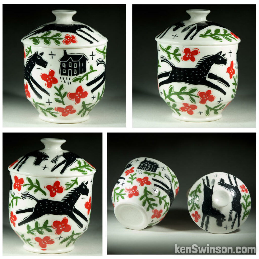 handmade wheel thrown porcelain jar and lid with multi colored horse and flower sgraffito pattern made in kentucky by Ken Swinson