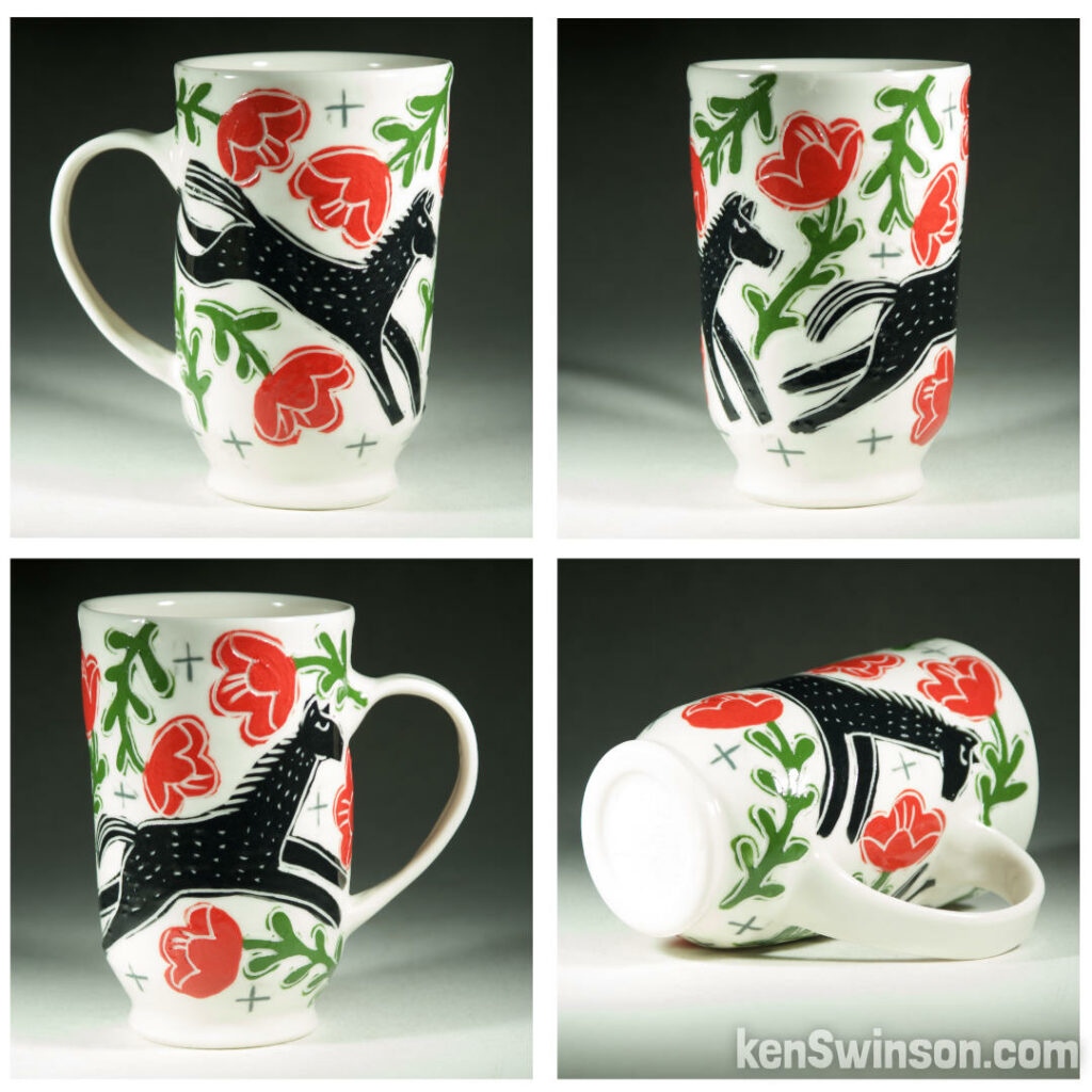 handmade wheel thrown porcelain cup with multi-colored Horse and flowers sgraffito pattern made in kentucky by Ken Swinson