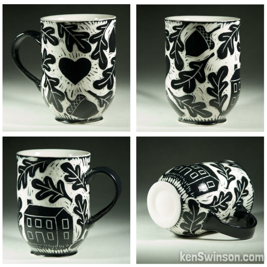 handmade wheel thrown porcelain cup with House with Oak leaf sgraffito pattern made in kentucky by Ken Swinson