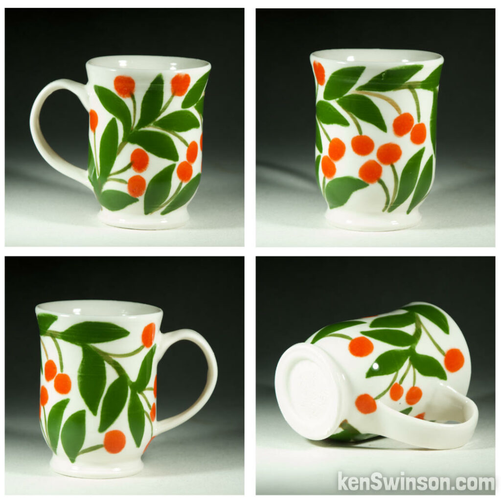 handmade wheel thrown porcelain cup with multi-colored cherry pattern made in kentucky by Ken Swinson