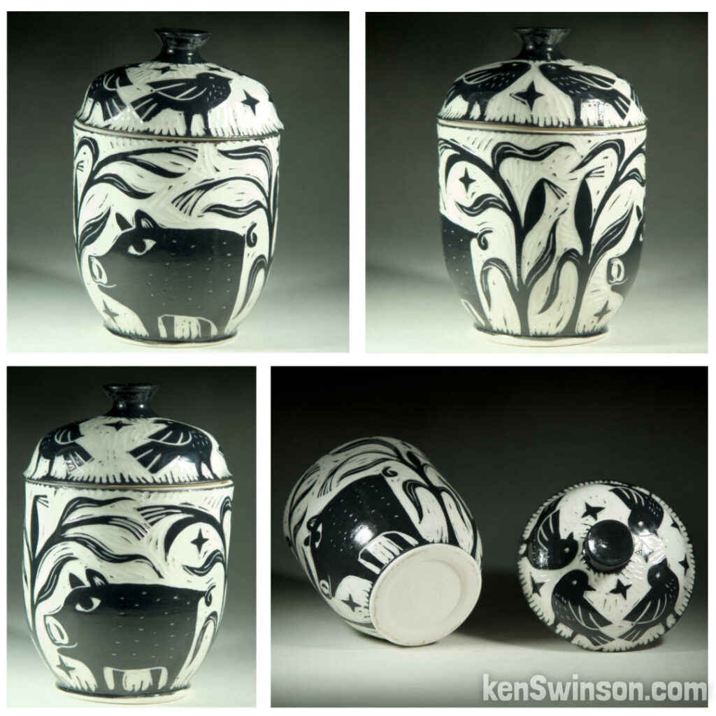 handmade wheel thrown porcelain jar and lid with pig and corn sgraffito pattern made in kentucky by Ken Swinson