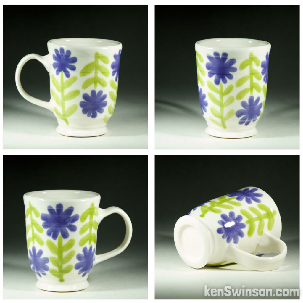 handmade wheel thrown porcelain cup with green and purple flower pattern made in kentucky by Ken Swinson