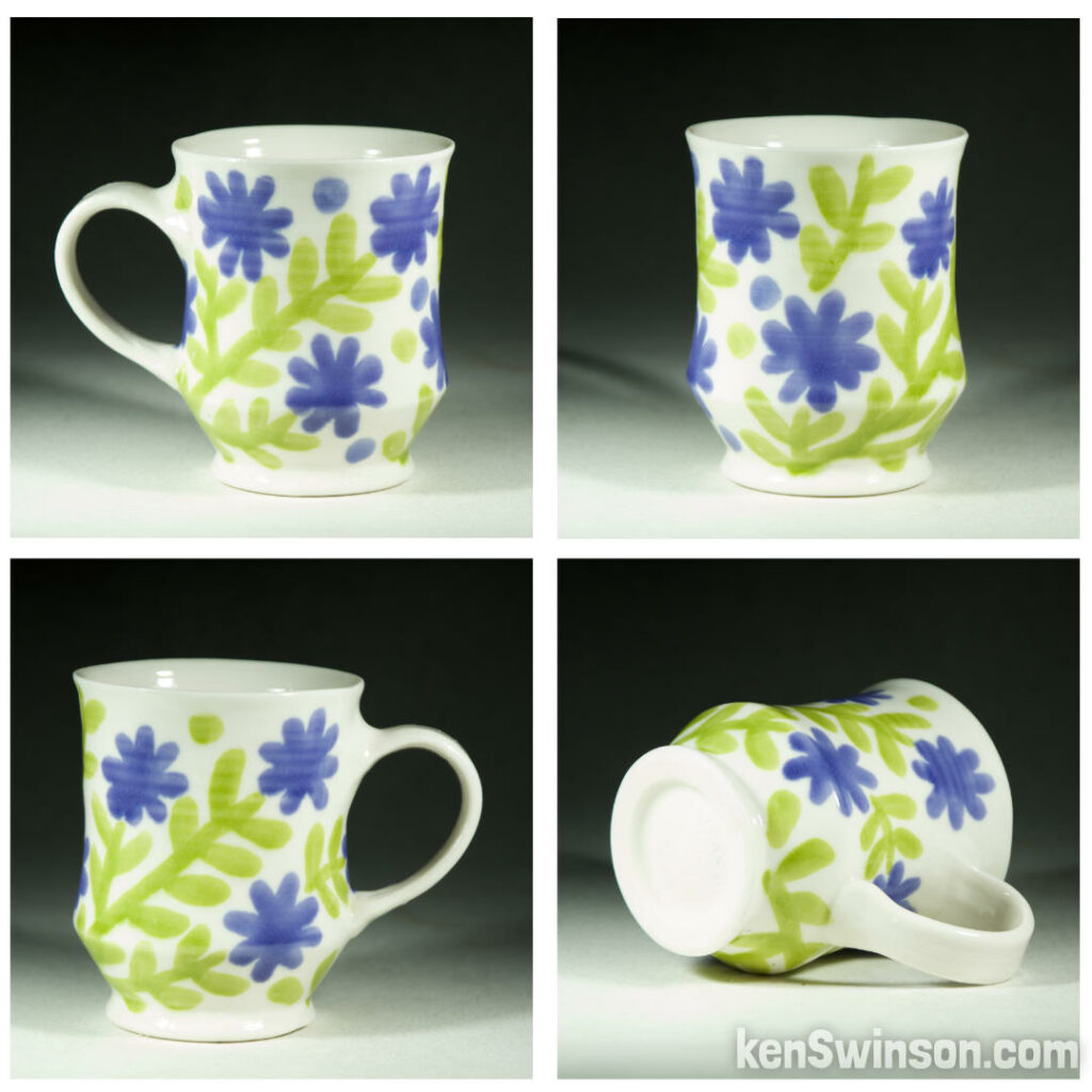 handmade wheel thrown porcelain cup with green and purple flower pattern made in kentucky by Ken Swinson