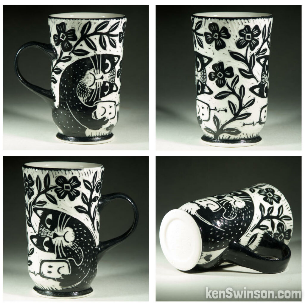 handmade wheel thrown porcelain cup with sad cat looking at cell phone sgraffito pattern made in kentucky by Ken Swinson