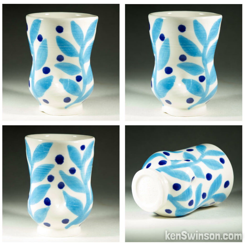 handmade wheel thrown porcelain tumbler with turquoise leaf pattern