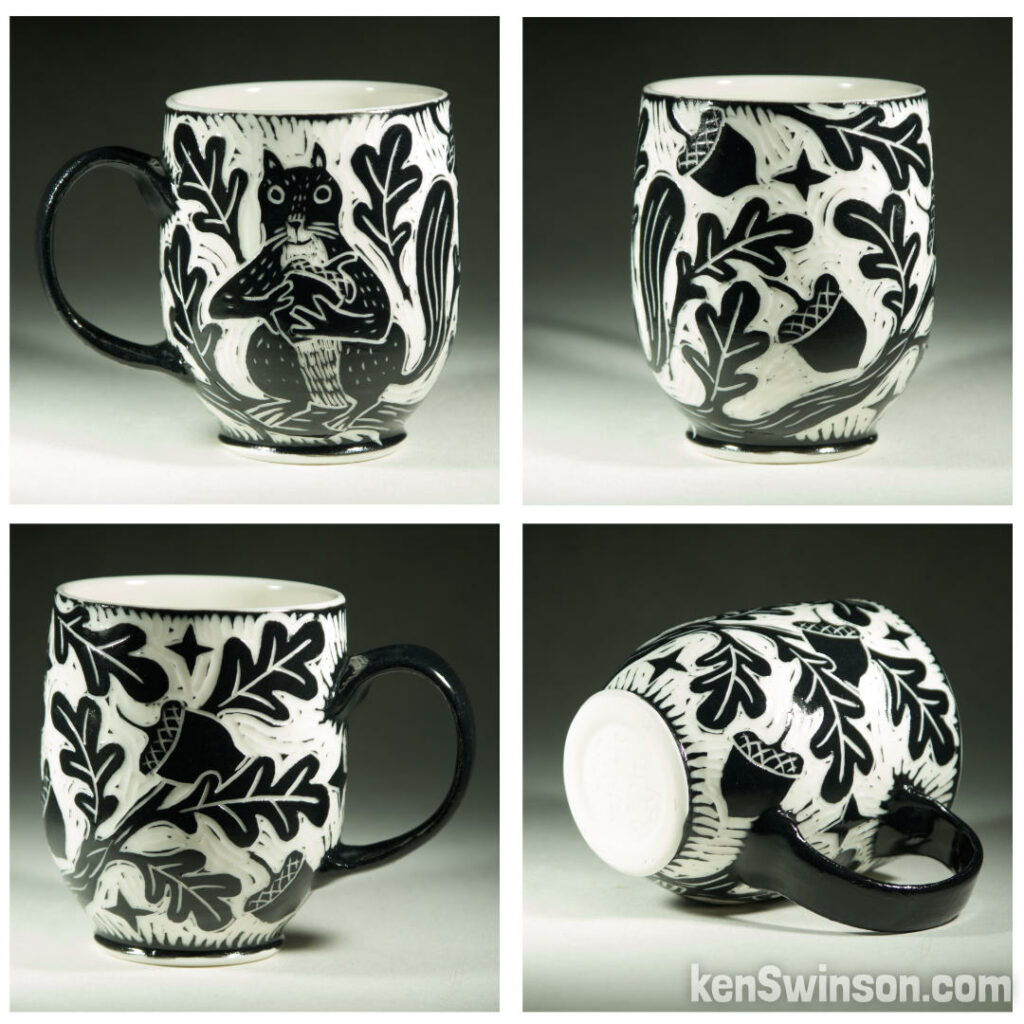 handmade wheel thrown porcelain cup with squirrel and acorn sgraffito pattern made in kentucky by Ken Swinson