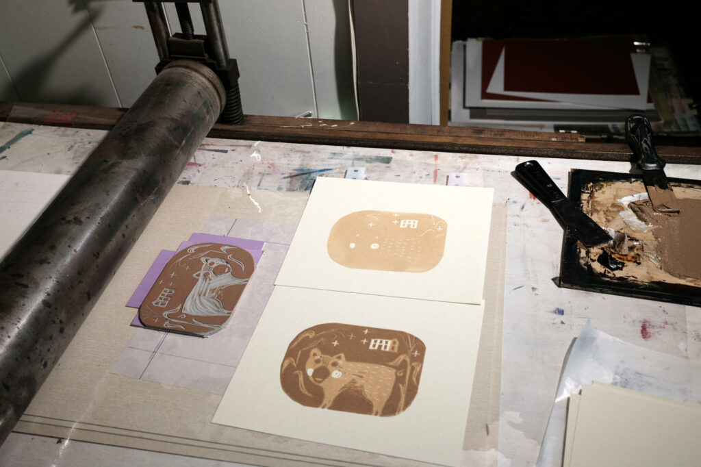 photo of a work in progress reduction linocut