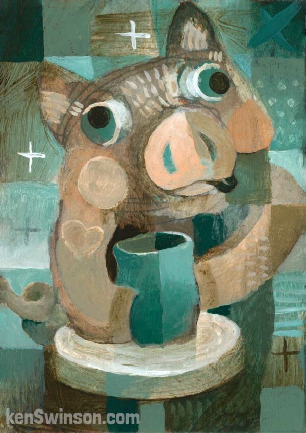 abstract folk art style painting by kentucky artist, Ken Swinson - portraying a pig throwing a pot on a pottery wheel