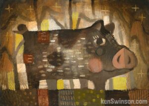 abstract folk art style painting by kentucky artist, Ken Swinson - portraying a spotted pig standing in a cornfield