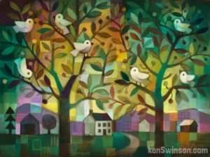 abstract folk art style painting by kentucky artist ken swinson. 2 cherry trees with 7 birds in the branches